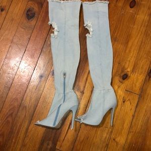 Denim thigh high boots
